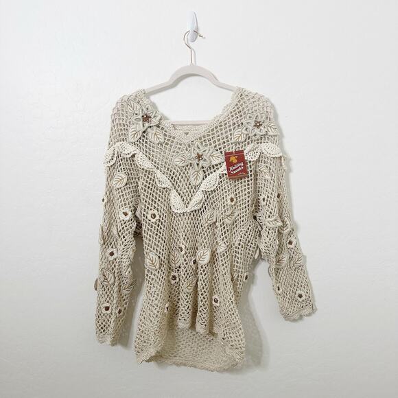 Lim's Vintage Hand Crocheted Pullover Sweater Tan Floral Applique Beaded - Picture 1 of 5